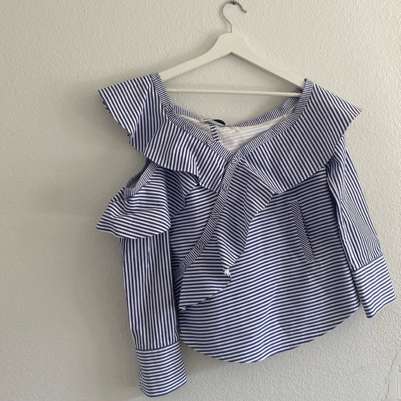 SELF-PORTRAIT BLUE/WHITE STRIPPED RUFFLE COLD SHOULDER BLOUSE - Picture 2 of 10